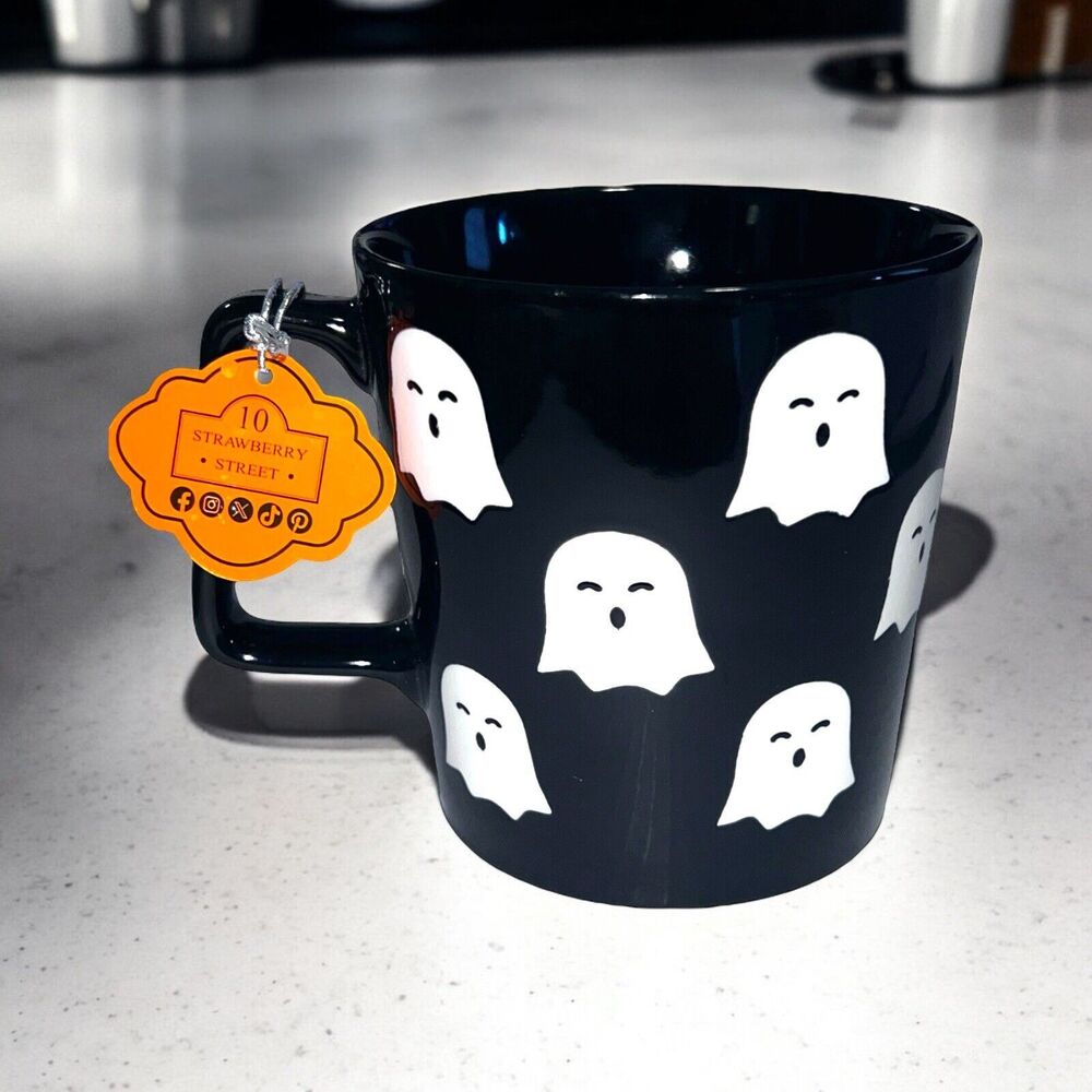 10 Strawberry Street Cute Halloween Ceramic Mug  Multiple Ghosts Black & White
